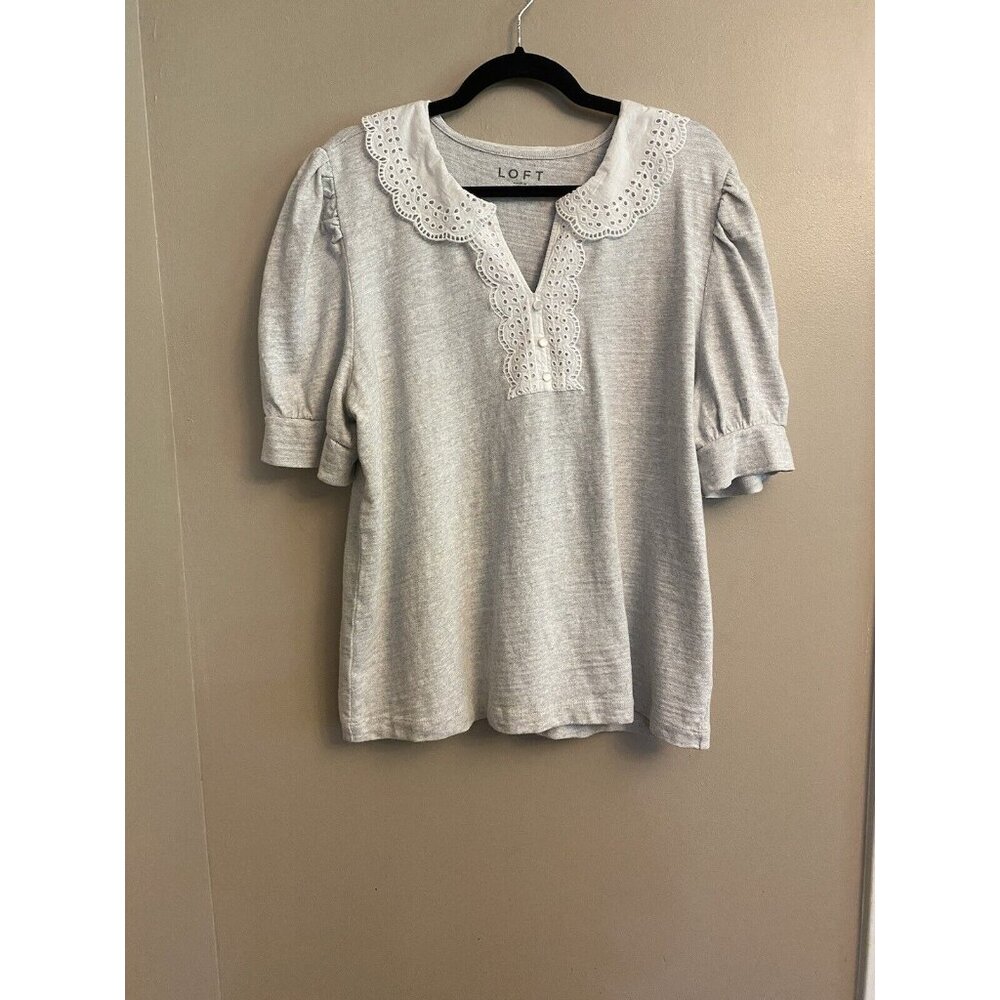 LOFT Gray Blouse with Puff Sleeves and Peter Pan Collar